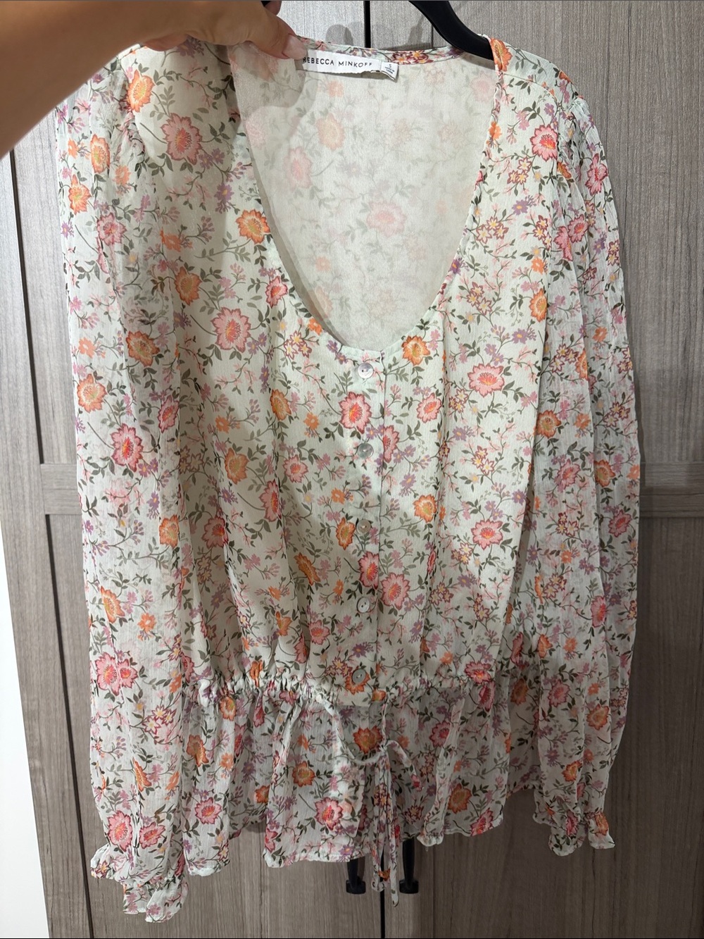 Rebecca Minkoff Cream Floral Blouse with Pink and Green Accents